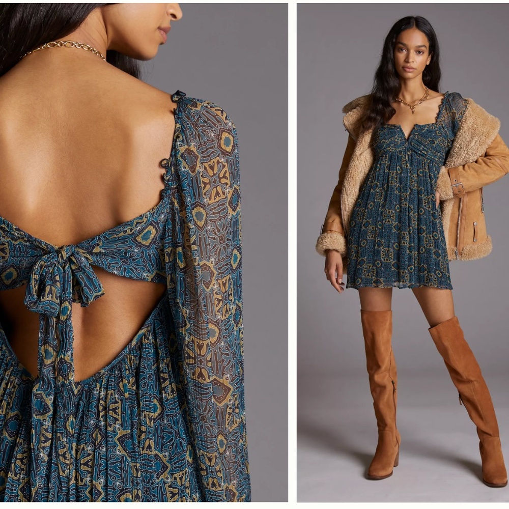 Anthropologie Blue and Brown Patterned Mini Dress